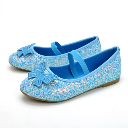 

HAXMNOU Children Shoes Flat Shoes Crystal Shoes With Sequins Bowknot Girls Dancing Shoes Blue
