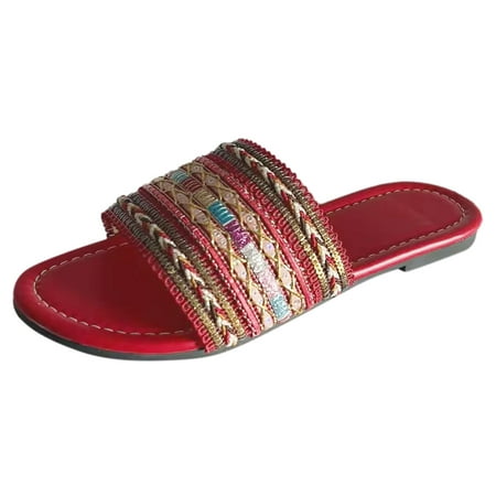 

PEASKJP Sandals for Women Casual Summer Women s Summer Casual Strappy Sandals Dressy Cute Square-Toe Comfortable Flat Shoes (Red 7.5)