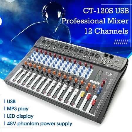 - 48V Fashion Professional Bluetooth Studio Audio Mixer Professional 12 Channels Audio Mixing Console System DJ Sound XLR LCD With USB Stereo Output Jacks REC Headset Interfaces