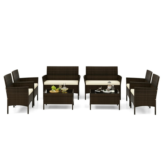 Patiojoy Ensemble de Conversation en Rotin pour Patio de 8 Pcs Ensemble de Meubles d'Extérieur en Osier avec Chaise, Causeuse et Table en Verre Trempé Beige