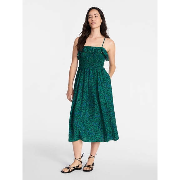 Time and Tru Women's Sleeveless Smocked Midi Dress, Sizes XS-XXXL