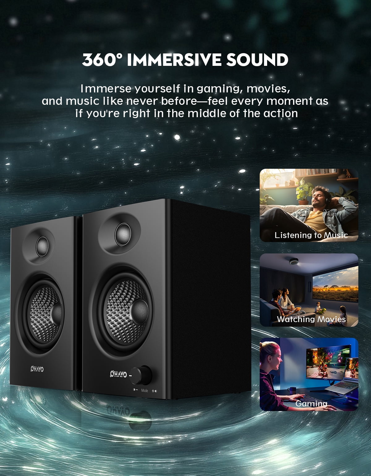 Ortiza 60W Computer Speakers for Music and Gaming, Active Bluetooth 5.3, Stereo 2.0 Speakers for Desktop PC or Laptop, 3.5mm Aux RCA Input, USB-Powered, 1 Pair, Black