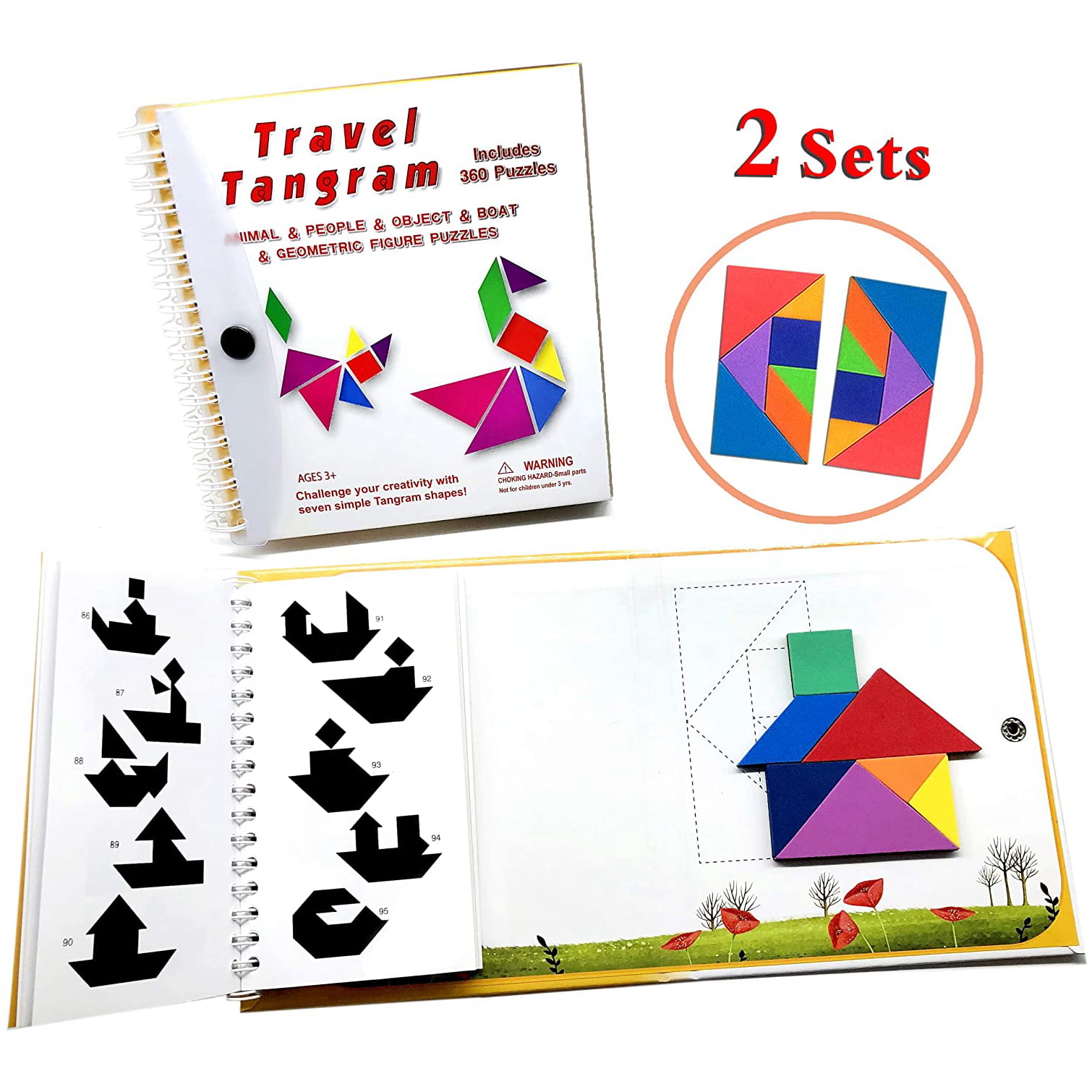 Tangram Travel Game Magnetic Puzzle Book Game Tangrams Jigsaw Shapes Dissection with Solution Questions Traveler Challenge IQ Educational Toy for 3-100 Years Old with 2 Set of Tangrams 360 Patterns 