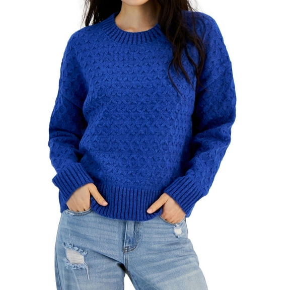 Hooked Up by IOT Womens Honeycomb Crew Neck Knit Sweater, Blue, Juniors, Large