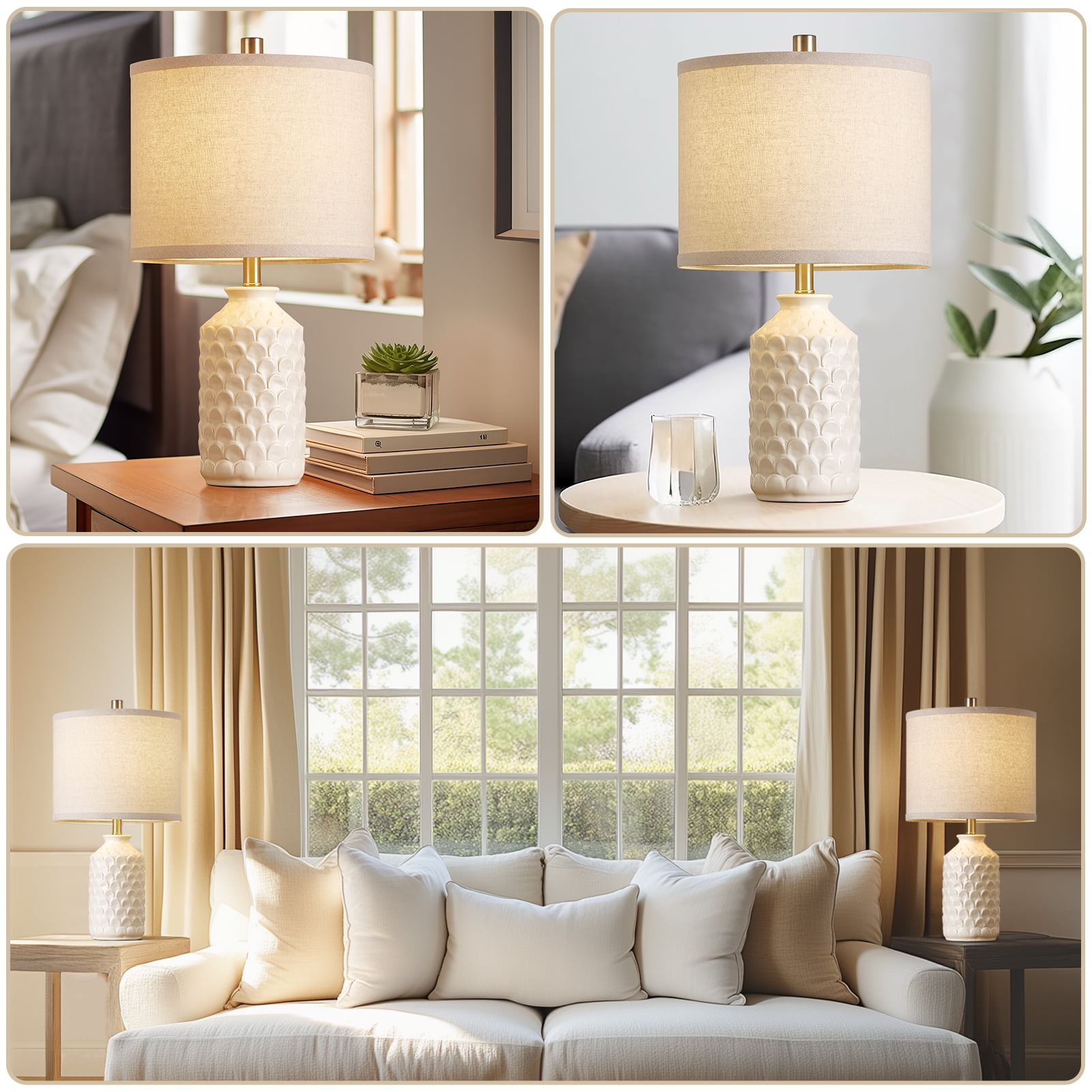 RORIA 21” Ceramic Table Lamps Set of 2,Modern White Bedside Lamps,Suitable for the Living Room or Bedroom Nightstands (Bulbs Included)