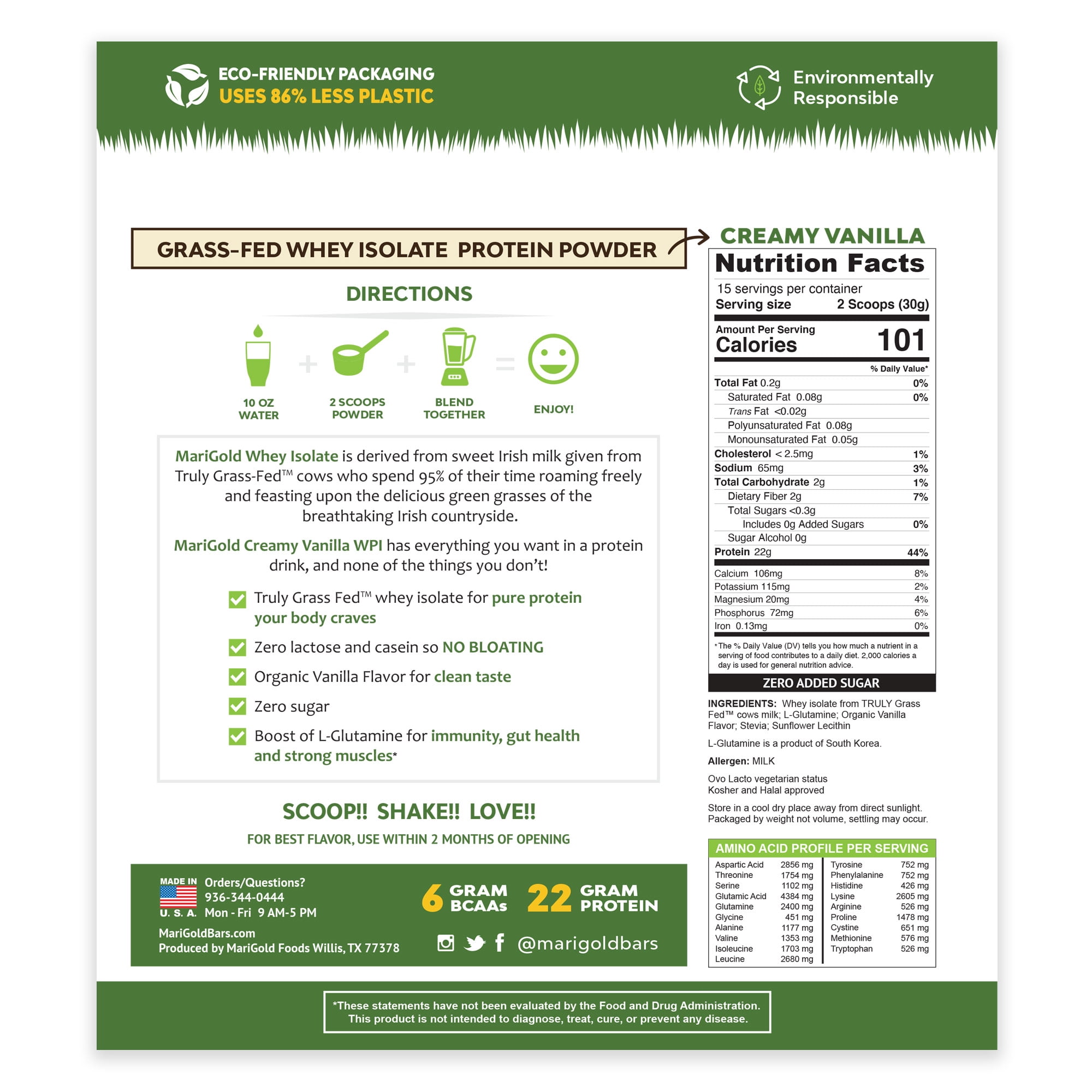 MariGold Whey Isolate Protein Powder - Vanilla 1LB, Cold Processed, rBST Free, Non-GMO