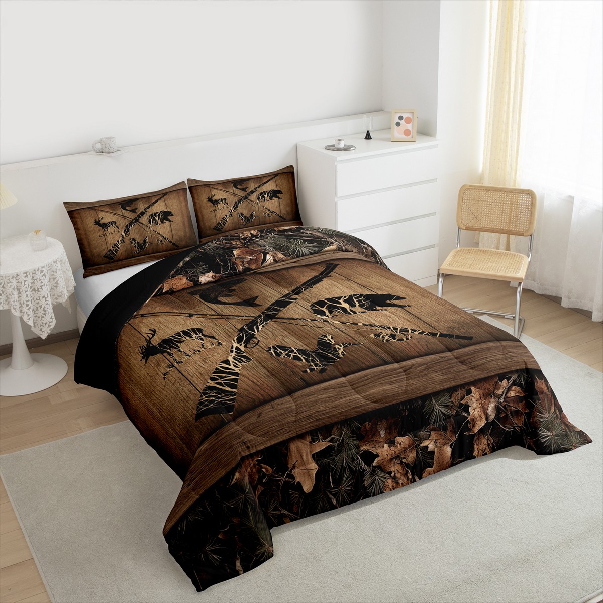 Rustic Farmhouse Bedding Sets Retro Camo Cabin Lodge Comforter Set Queen Hunting And Fishing Bedding Comforter Sets Adults Men Wildlife Bear Deer Fish Duck Quilt Set 3 Pcs