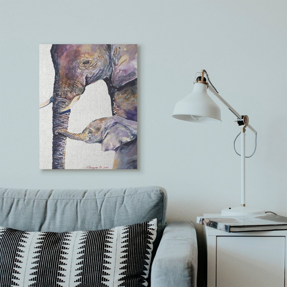 Stupell Industries Colorful Cute Baby Elephant Family Animal Purple Watercolor Painting Canvas Wall Art by George Dyachenko