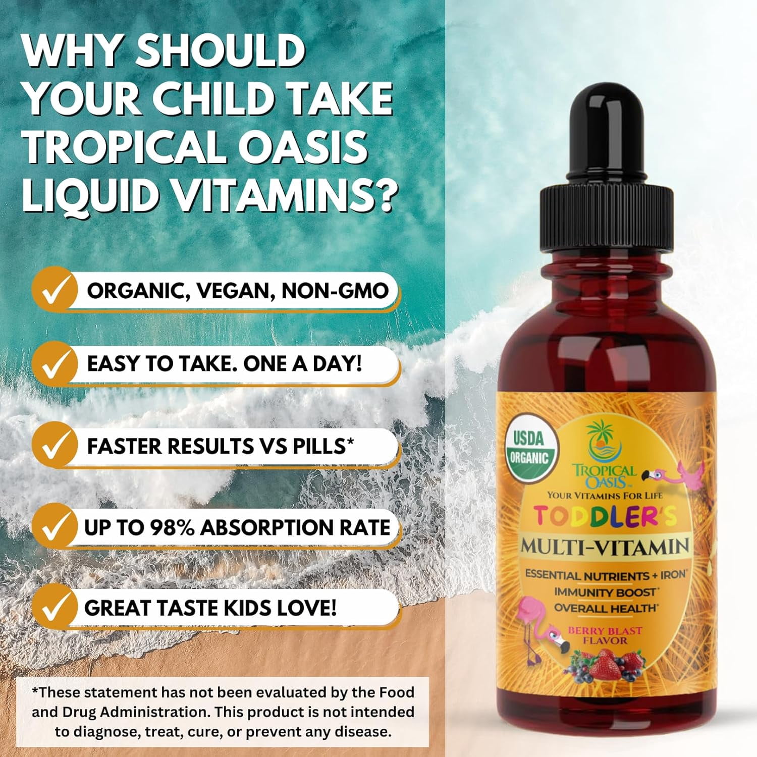 Tropical Oasis Liquid Multivitamin Drops for Toddlers Ages 1-3, for Immunity Support, Cognitive Function, and Overall Wellness, Tropical Berry Blast Flavor, 2 fl oz, 30 Servings