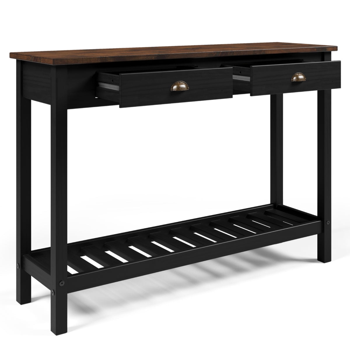 OSHOME Solid Pine Farmhouse Console Table with 2 Drawers and Shelf – Entryway Hall Table, Harvest Black & Distressed Brown Top
