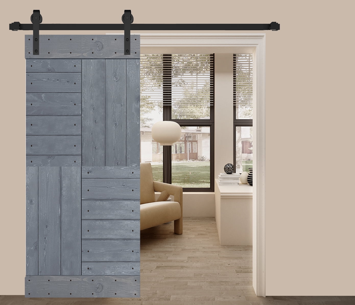 S Series 36in. X 84in. Dark Gray Finished DIY Knotty Pine Wood Sliding ...