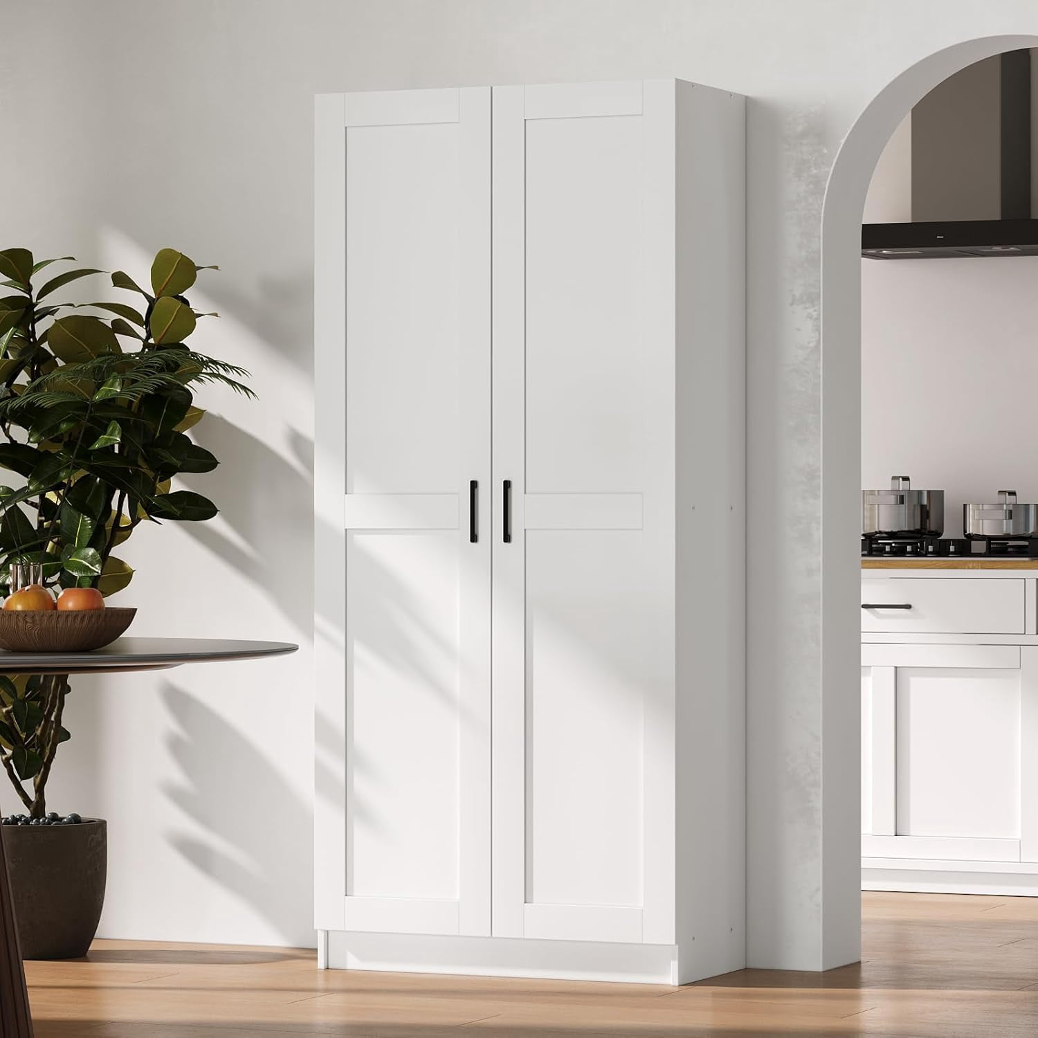 Fddevelop White Tall Wood Kitchen Pantry Cabinet with Doors and Adjustable Shelves  71”H