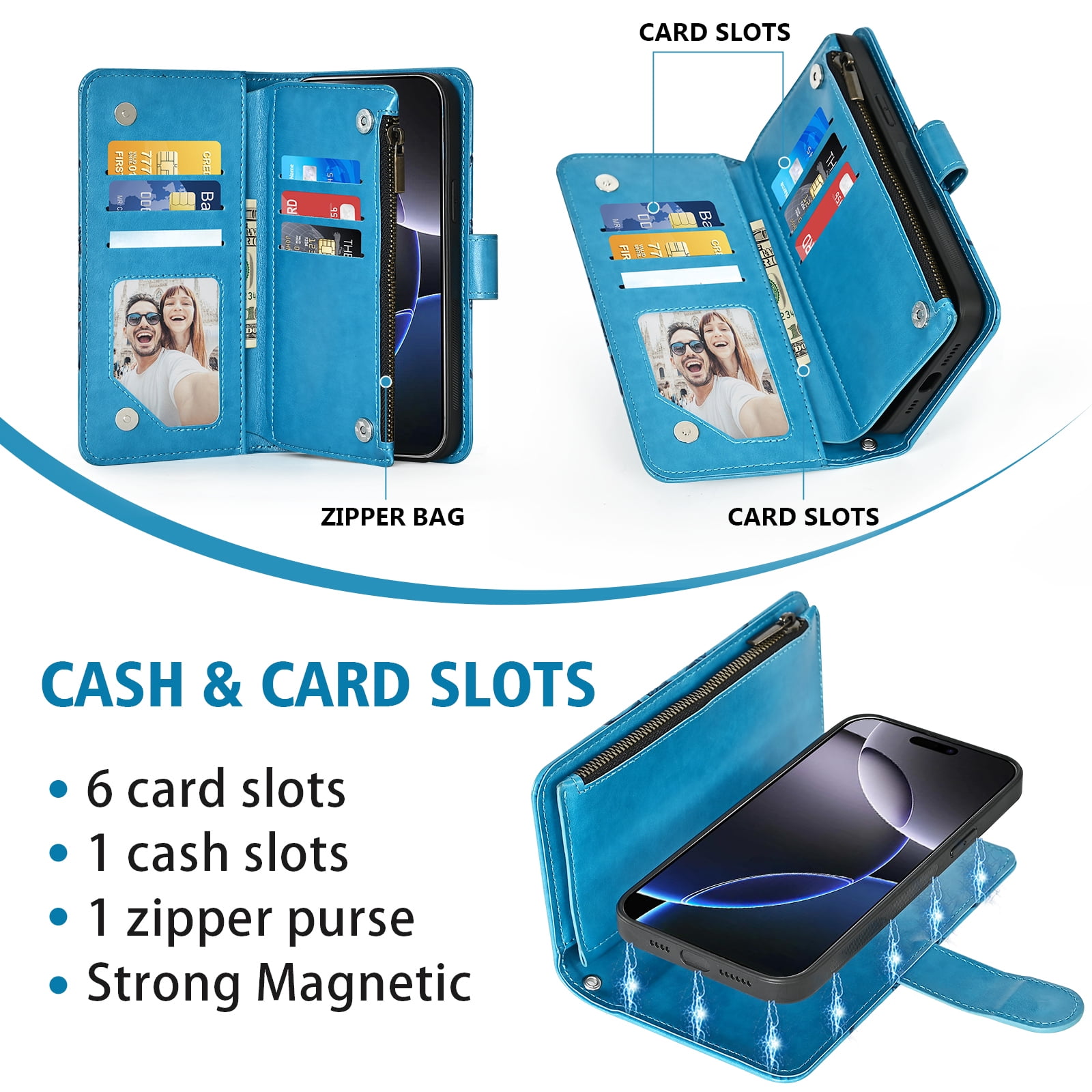 Phone Case for iPhone 16 Pro Max 6.9 inch Zipper Wallet Magnetic Detachable Cell Cover with Tempered Glass Screen Protector Crossbody Strap Flower Card Holder Slot i16 ProMax 16ProMax Women Blue