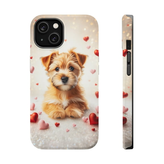 DistinctInk Tough Case for Apple iPhone 15 (6.1" Screen), Compatible with MagSafe Charging - Valentine's Day Norfolk Terrier Puppy