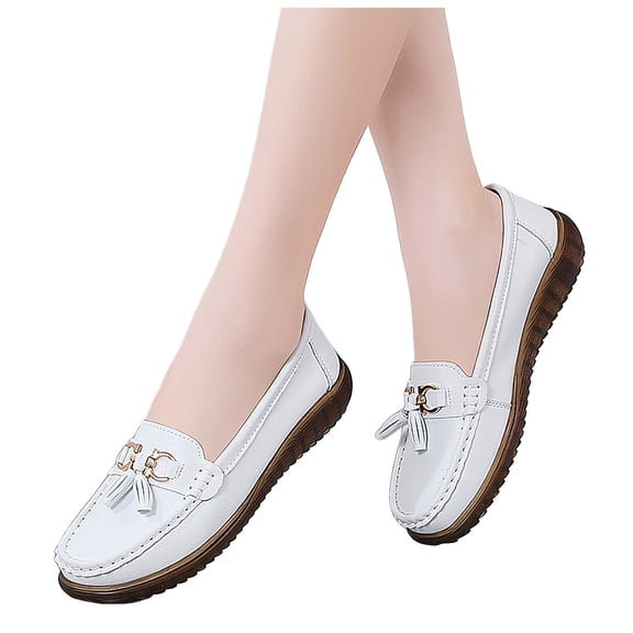Womens Loafers Comfy Driving Moccasins Casual Round Toe Fringe Slip on Walking Shoes Trendy Flat Shoes Business Work Dress Shoes White Size 8