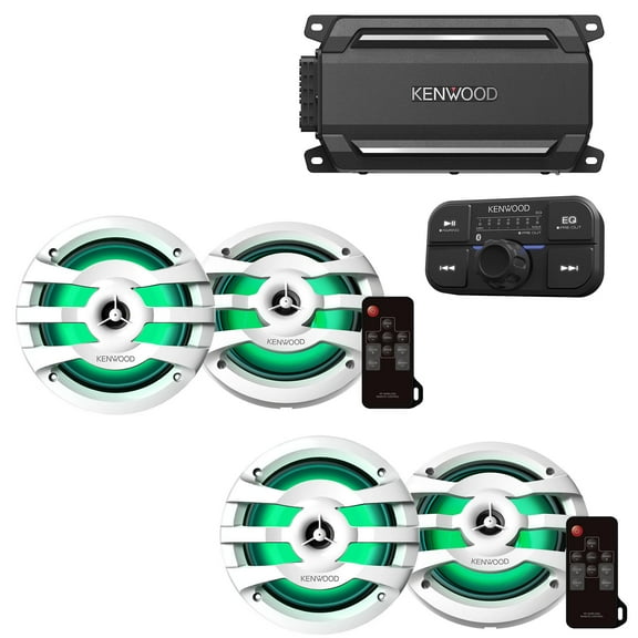 Kenwood KAC-M5024BT 4 Channel Bluetooth, Waterproof Compact Amplifier with 2 Pairs of KFC-1673MRWL 6.5" 2-way Marine Speaker W/ LED (White)