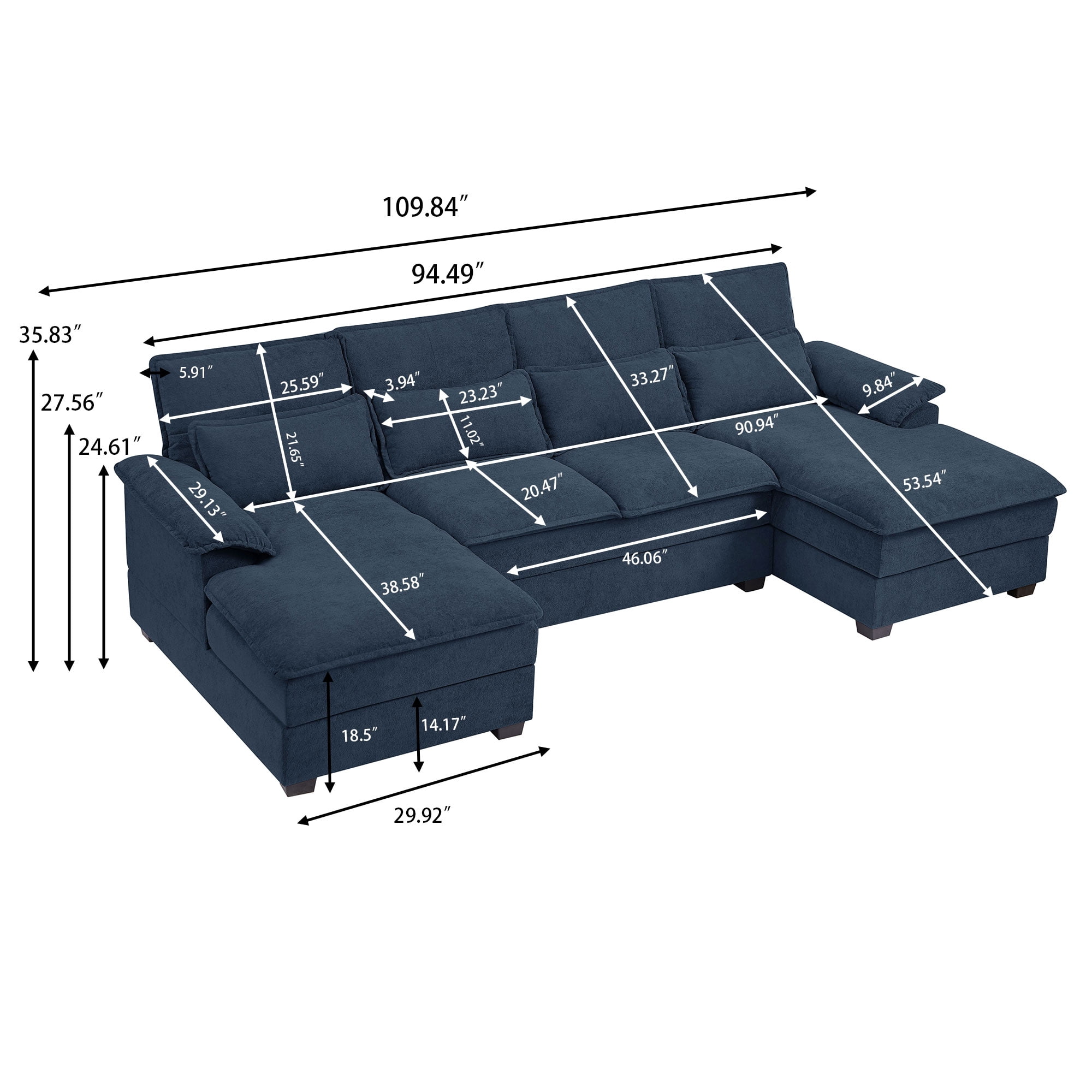 Soscana Sectional Sofa 4 Seat U Shaped Couch with Double Chaise, Modern Linen Sofa with Backrest Pillows for Living Room Apartment Office Studio,Dark Blue