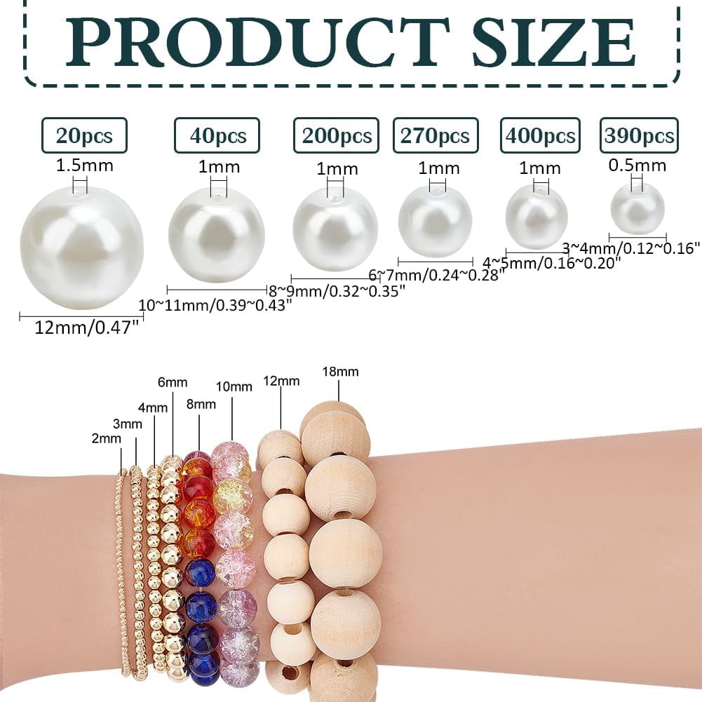 1320pcs Pearl Beads 6 Sizes White Glass Pearl with Hole Round Loose Pearl Beads for DIY Necklace Earring Jewelry Making Christmas Decoration Vase Filler 3/4/6/8/10/12mm