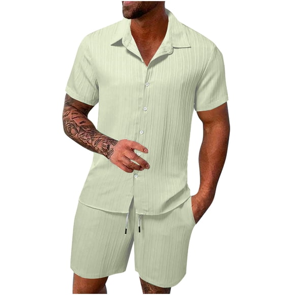 UVEASISHA Men's 2 Pieces Cotton Linen Set Casual Beach Outfit Short Sleeve Button Down Shirt Solid Color Summer Short Jogger Set with Pocket 2025 Green,XXL