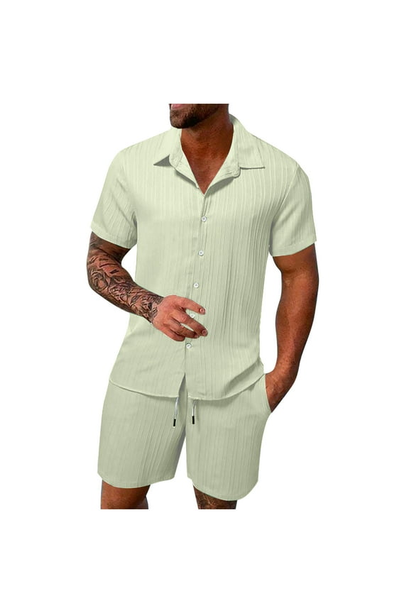 Men's T-shirt Shorts 2 Sets Summer 2 Piece Solid Color Beach Outfits Mens Button Down Cotton Linen Sets Lapel Short Sleeve Elastic Waist Drawstring Suits