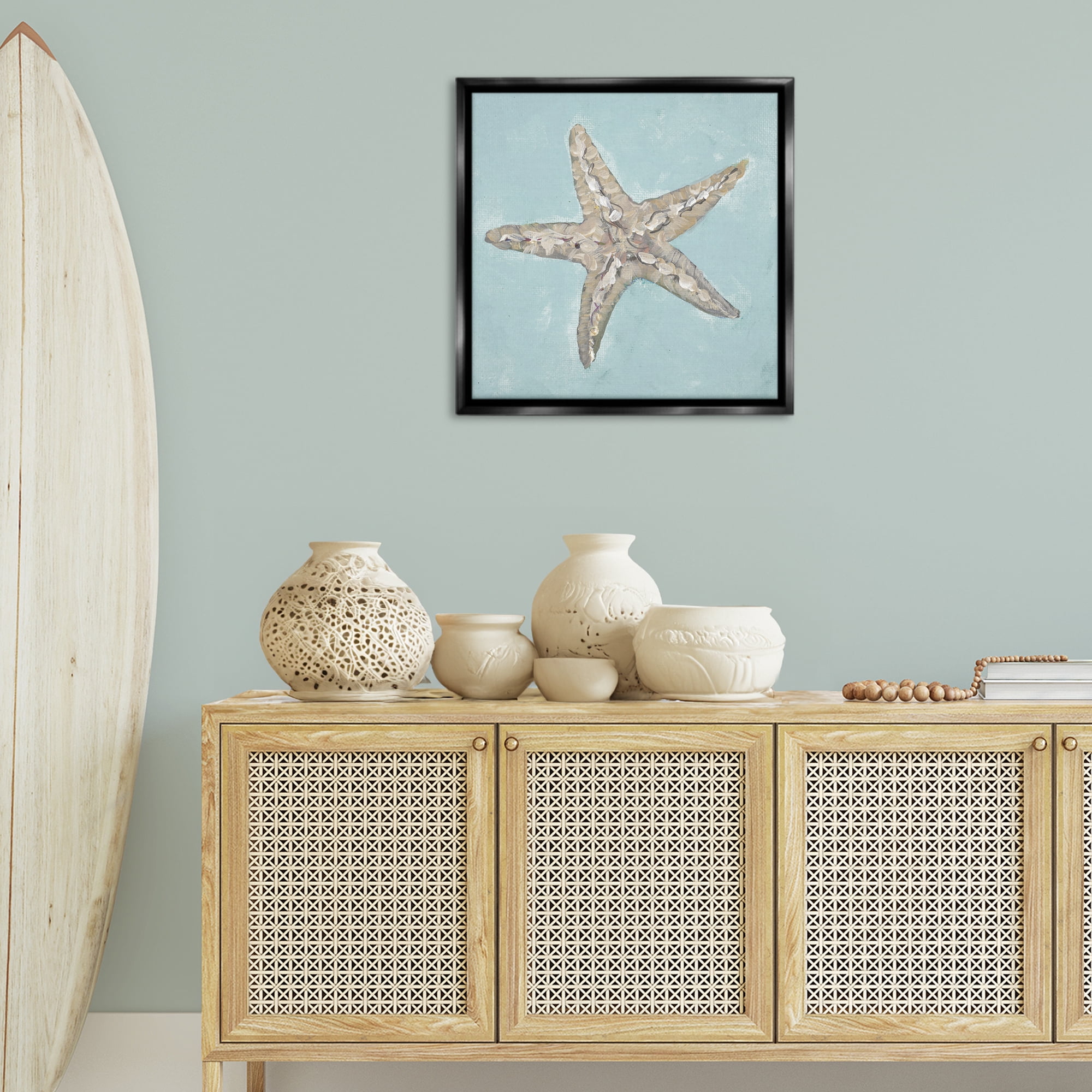 Stupell Industries Blue Starfish Impression Coastal Painting Black Floater Framed Canvas Art Print Wall Art, 25 x 25