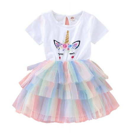 

Mikrdoo Toddler Girls Dress Unicorn Print 4 Years Baby Girls Summer Splice 5 Years Girls Gauze Layered Dress One Piece Sun Dress White