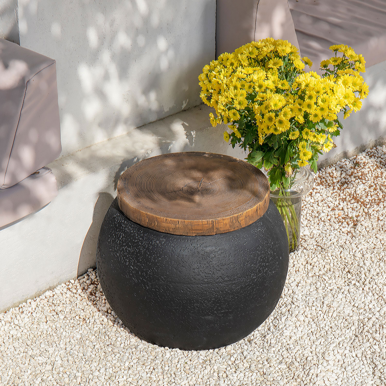 COSIEST Outdoor& Indoor Faux-Wood Round Coffee Table, Tree-Trunk Slice End Table Accent Stool - image 5 of 7