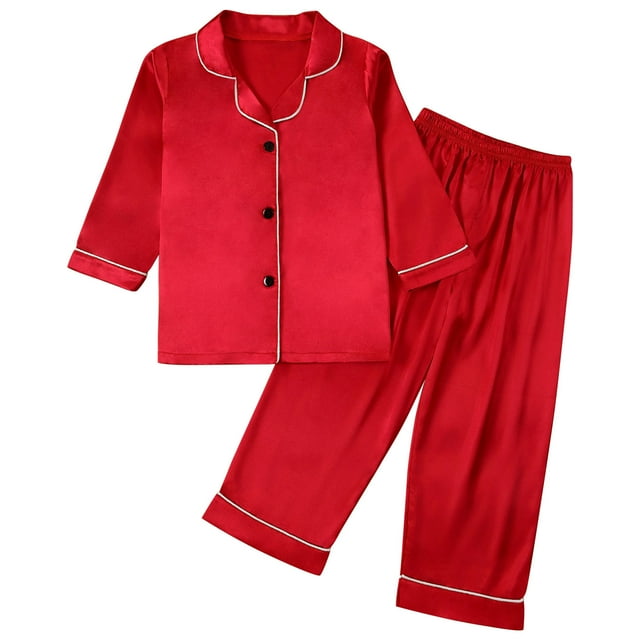 Pajamas Kids Unisex Pjs Set Silk Satin Sleepwear Long Sleeve Solid Color 2 Piece Button Down Pjs Loungewear Red, 7 Years
