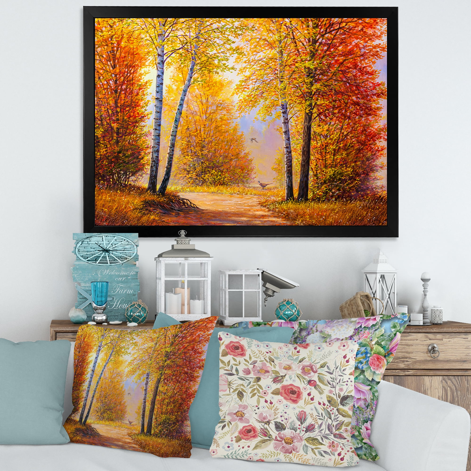 Designart 'Sunrise Glow Through The Autumn Trees' Lake House Framed Art Print
