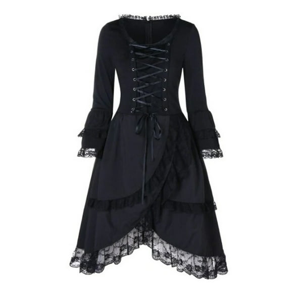 Fesfesfes Sexy Women Gowns Patchwork Skull Lace Splicing Long Sleeve Vintage Party Dress
