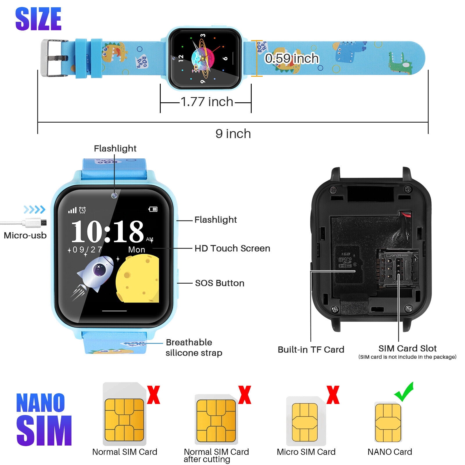 Topchances Kids Smartwatch 1.44mm Blue Plastic Case with Blue Cartoon Band
