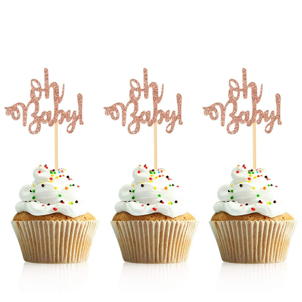 48 Pcs Rose Gold Glitter Oh Baby Cupcake Topper Picks for