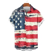 WREESH Men Summer Button Up Shirt American Flag Print Short Sleeve Casual Hawaiian Beach Shirt 4th of July with Pocket