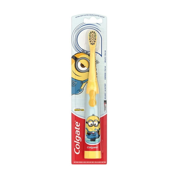2X - Colgate Kids Battery Powered Toothbrush, Kids Battery Toothbrush With Included Aa Battery, Extra Soft Bristles, Flat-Laying Handle To Prevent Rolling, Minion Toothbrush, 1 Pack