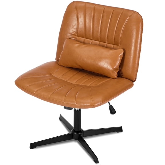 IPKIG Wide Office Chair with Criss Cross Legs, Armless Adjustable Swivel Desk Seat, Thick Cushion & Lumbar Pillow, Fixed Leg, PU Leather in Green