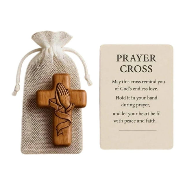 Cruz de madera, cruz coleccionable de madera para sostener, ideal como regalo de ánimo o para la estantería de la habitación infantil. con las manos