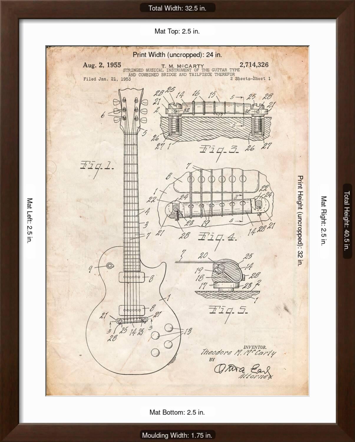 Art.com Gibson Les Paul Guitar Patent Art Print by Cole Borders, Brown Frame Wall Art, 32" x 40"