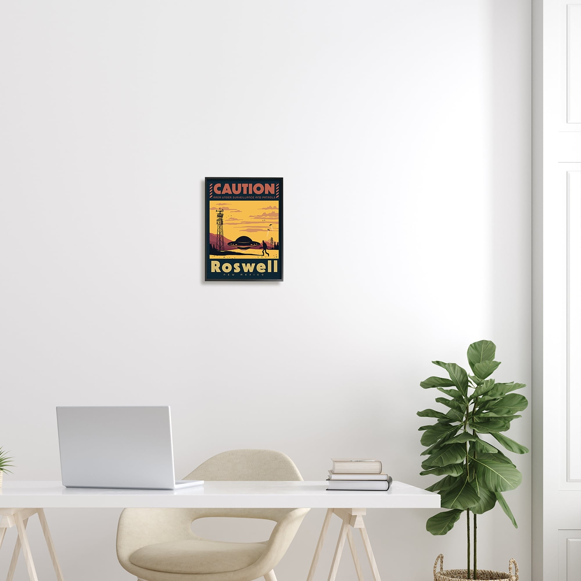 Stupell Industries Caution Roswell New Mexico UFO Travel & Places Painting White Framed Art Print Wall Art