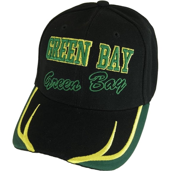 Green Bay City Name Block and Script Lettering Baseball Cap with Embroidered Bill (Black/Green)