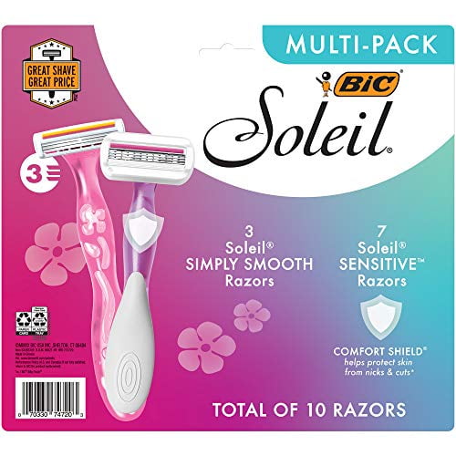 BIC Soleil Disposable Women's Razors, 10-Count Multi-Pack, 3 Soleil Simply Smooth Razors, 7 Soleil Sensitive Razors, 3 Blades for a Smooth Shave