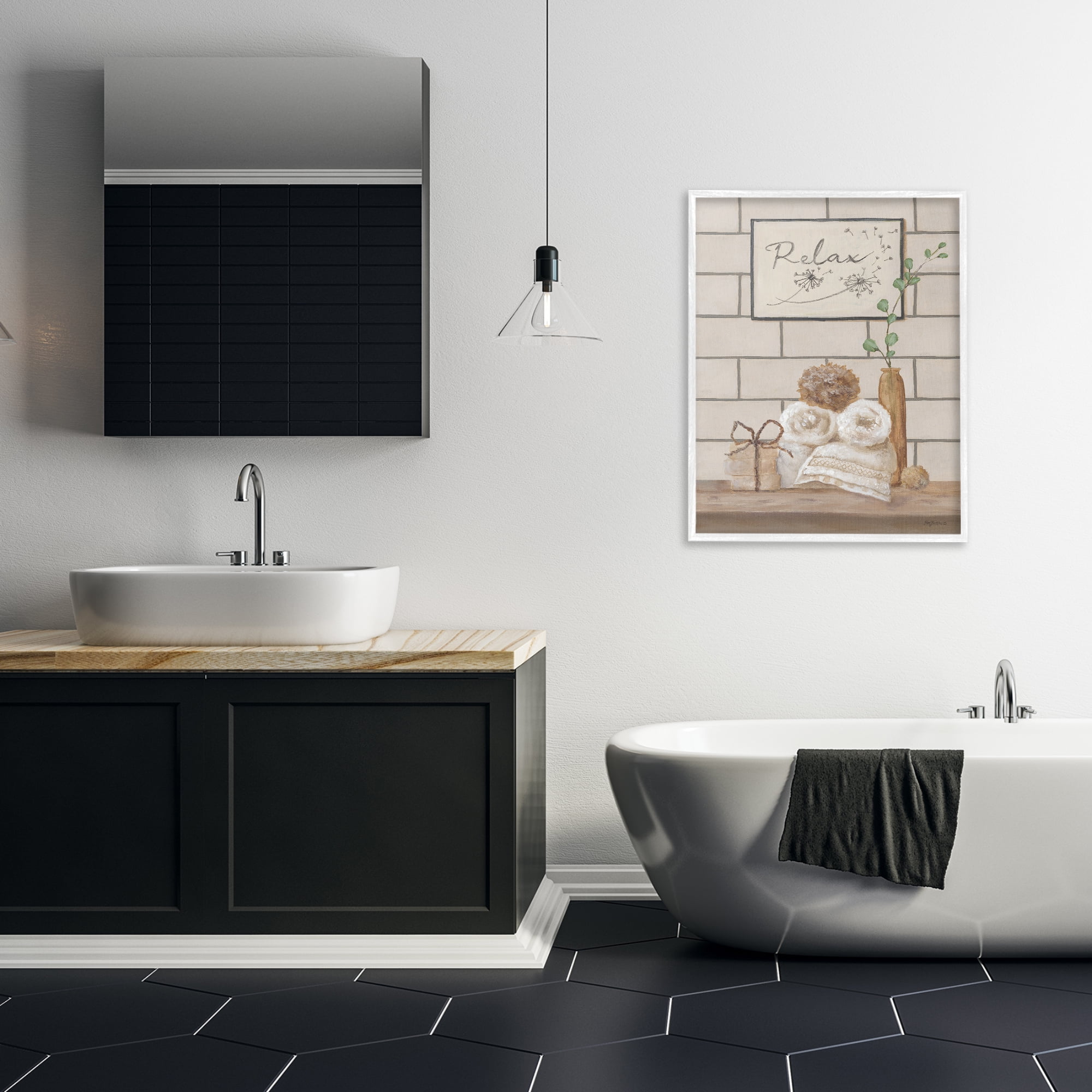 Stupell Industries Relax Bathroom Scene Typography Painting White Framed Art Print Wall Art, 24 x 30
