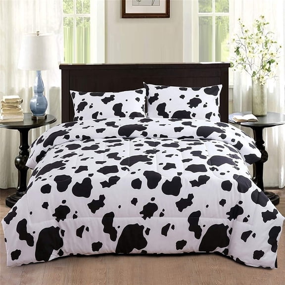 PERFEMET Black White Cow Print Reversible Twin Size Comforter Set,3-Piece Western Farmhouse Kids Bedding Set-Cow Print & Black White Checkered