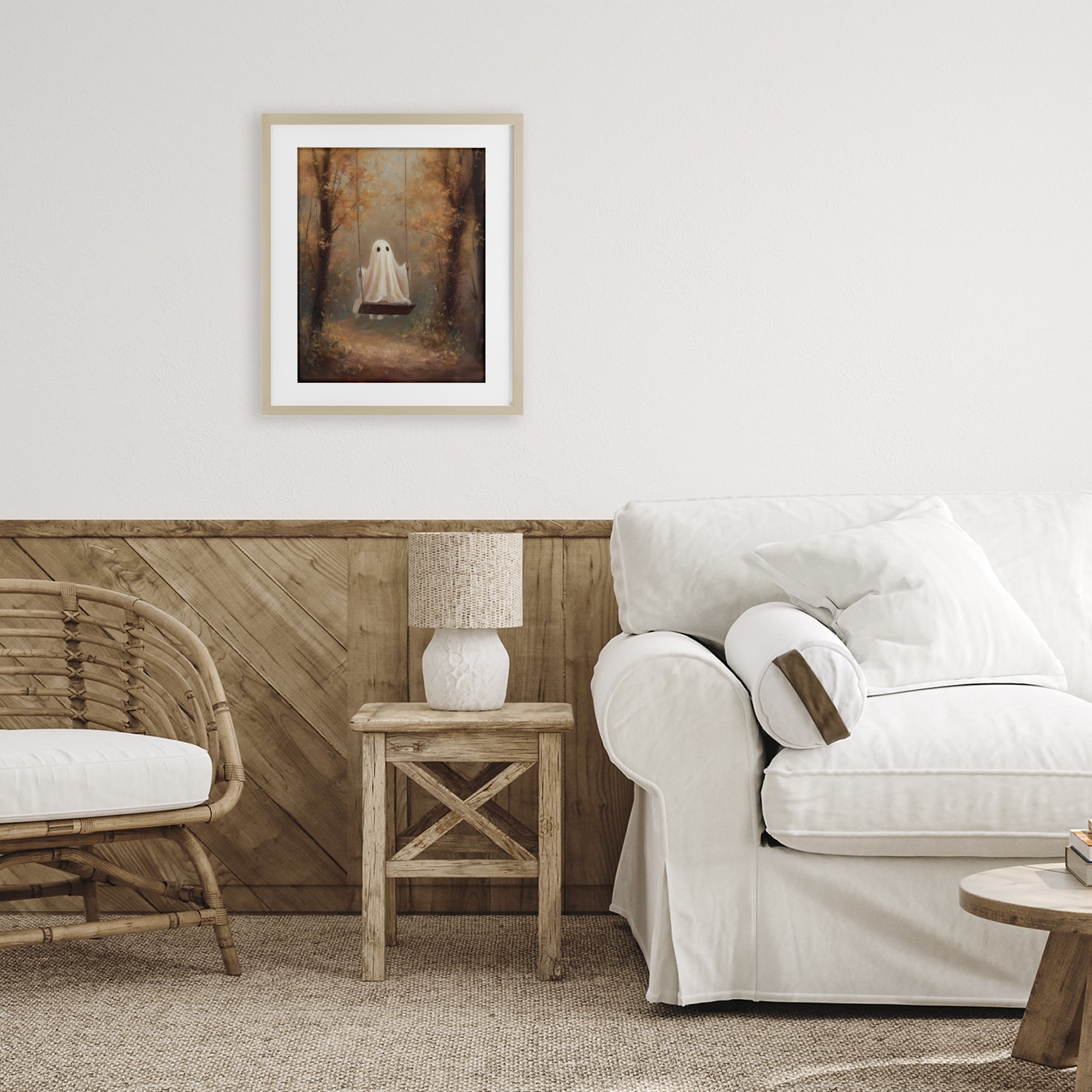 Eerie Swinging Ghost Birch Framed Print Under Glass, design by Arlington Prints