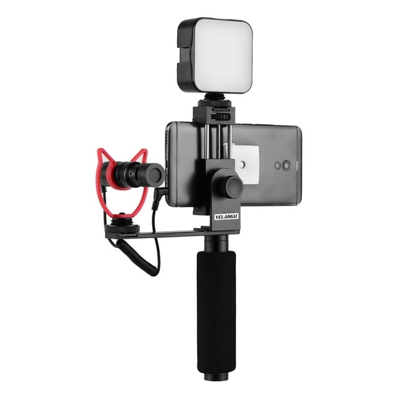 YELANGU Smartphone Vlogging Main Grip Mobile Phone Support d'Enregistrement Vidéo Poignée Stabilisateur Smartphone Portable Pince 40mm-85mm Largeur avec Microphone et Mini LED Lumière