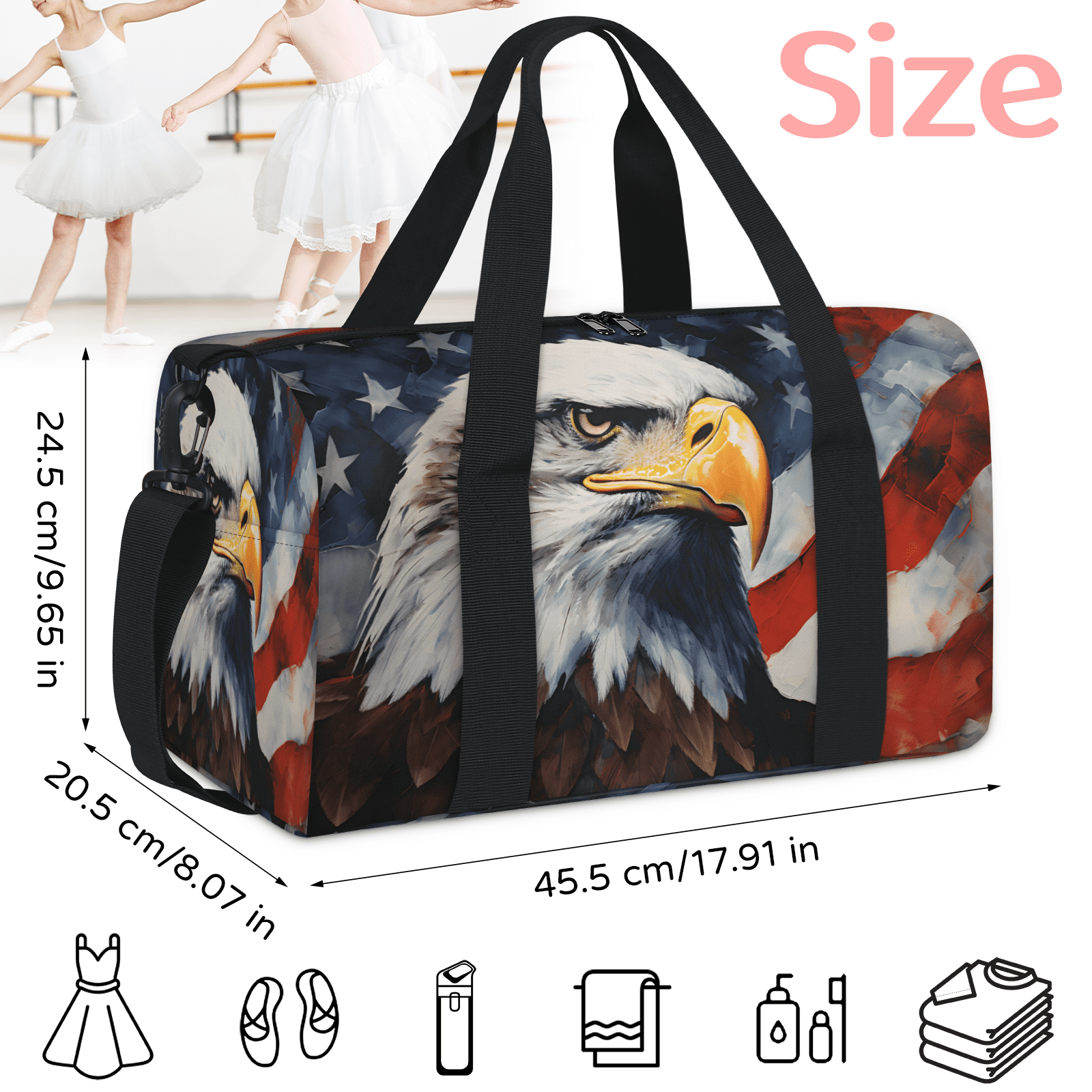 Herdesigns American Flag Eagles Travel Duffle Bag Sports Yoga Weekender Overnight Carry on Workout Bags Lightweight Waterproof Gym Tote Bag for Women