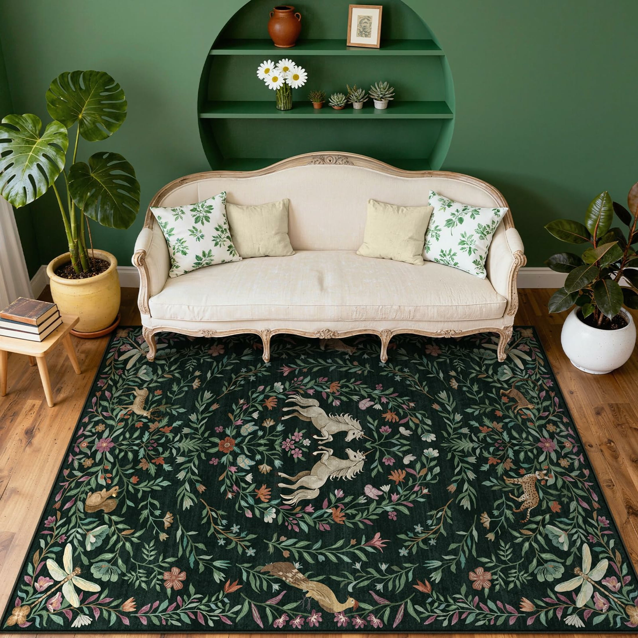 Moynesa 8'x10' Fantasy Garden Area Rugs for Living Room, Washable Vintage Botanical Unicorn Rugs for Bedroom, Large Victorian Accent Carpet for Dining Room Nursery Playroom, Dark Green
