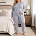thumbnail image 2 of Pajamas for Women Set,Plus Size 2 Piece Crew Neck Top and Long Pant,Basic Warm Winter Solid Color Set, 2 of 6