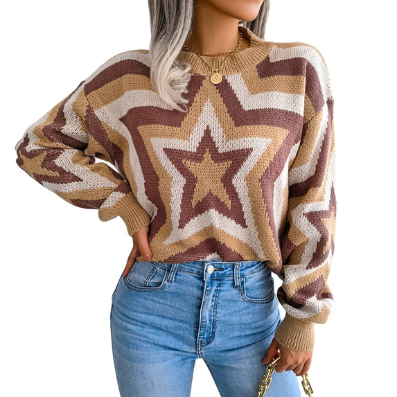 KOMOO Women Wild Sweater Vintage Contrast Color Stars Long Sleeve Knit Pullover Casual Loose Sweater Tops