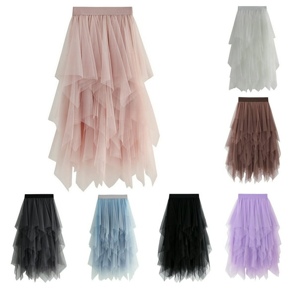 sunsanly Women Skirt Solid Color Multi Layers Irregular Elastic Waist Mid-calf Length Dress-up See-through Wide Band Lady Mesh Skirt Women Clothes