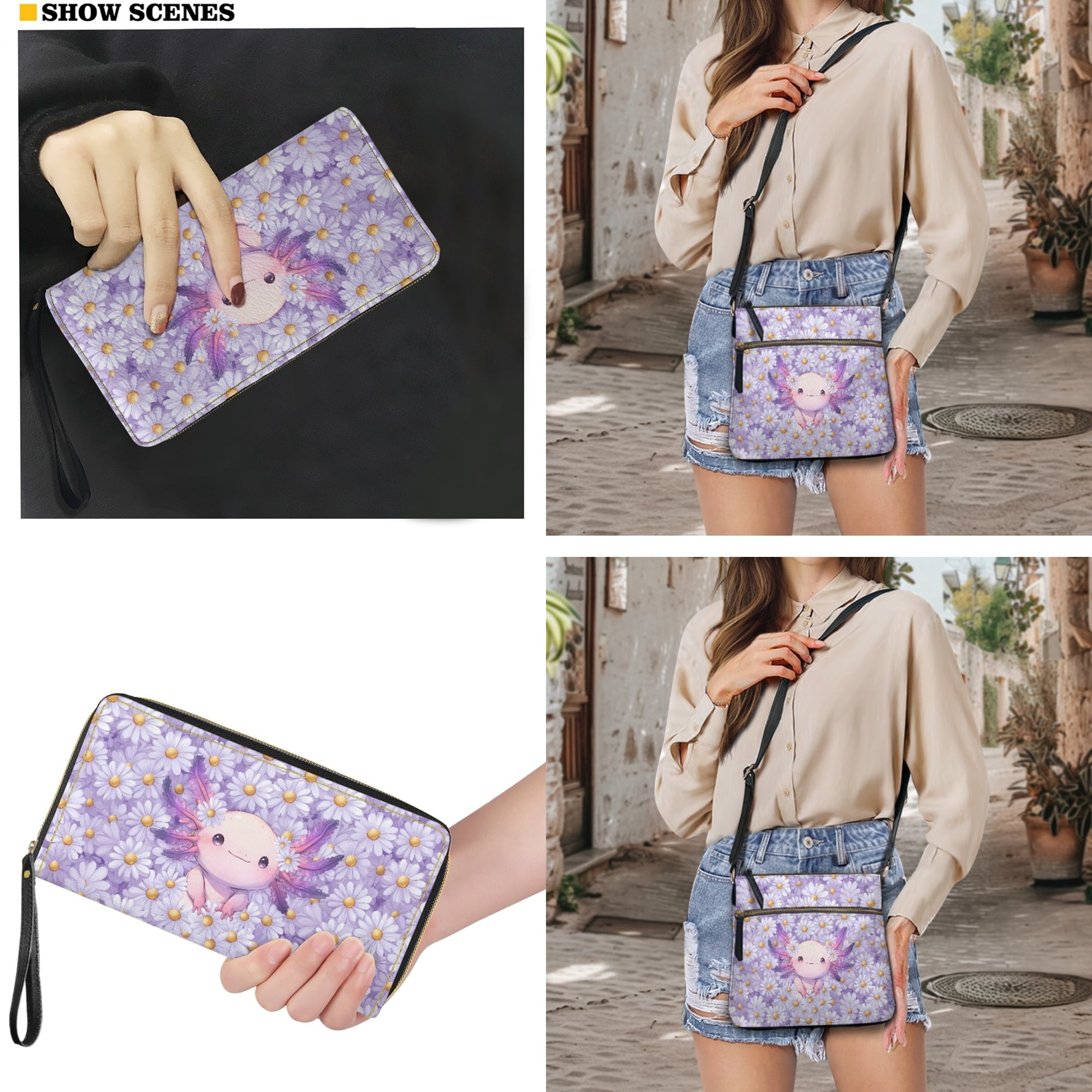 ZUXONGSY Axolotl Daisy Flower Print PU Leather Crossbody Hobo Purse & Wallet Set for Women, Multi-Pocket Messenger Shoulder Bag with Adjustable Strap
